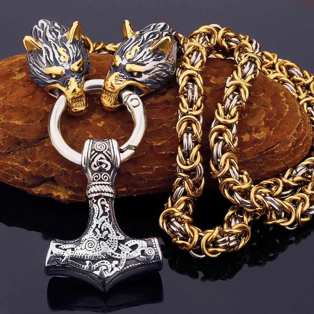Nordic Celtic Men's Necklace Pendant Viking Wolf Head Stainless Steel Scandinavian Rune Amulet Domineering Biker Jewelry