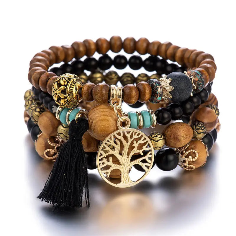 Ensemble de 4 bracelets éthique  en bois avec charme "arbre de vie"