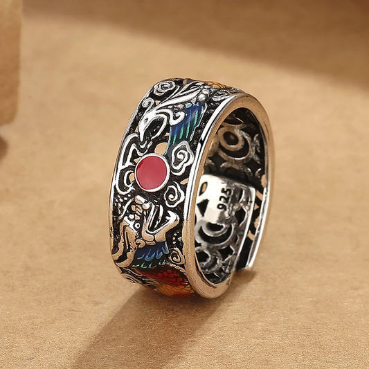 Bague ajustable Lung Dragon des cieux Peinte