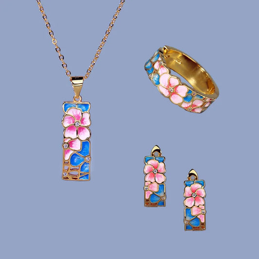 Set Bijoux Pink flower Bague/Boucle d'oreilles/Pendentif fait main