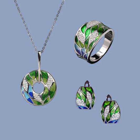 Set bijoux Pendentif/Bagues/Boucle d'oreilles modèle Feuilles fait main