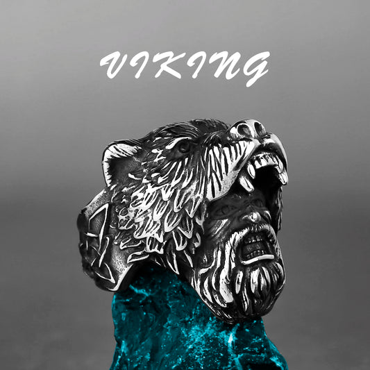 Viking Bear Head Warrior Ring Men's Bicycle Personality Creative Temperament Stainless Steel Ring Jewelry Gift Wholesale